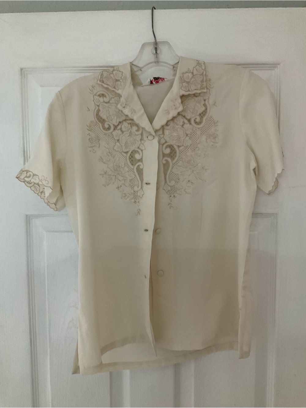 Cream Embroidered Short-Sleeve Blouse